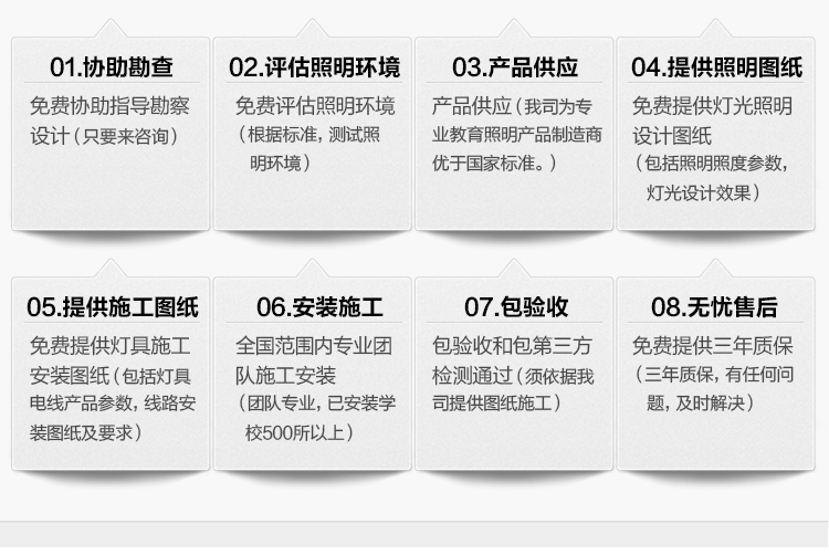 我司提供一站式教育照明解決方案：1、免費協(xié)助指導(dǎo)勘察設(shè)計（只要來咨詢）2、免費評估照明環(huán)境（根據(jù)標(biāo)準(zhǔn)，測試照明環(huán)境）3、產(chǎn)品供應(yīng)（我司為專業(yè)教育照明產(chǎn)品制造商，優(yōu)于國家標(biāo)準(zhǔn)。）4、免費提供燈光照明設(shè)計圖紙（包括照明照度參數(shù)，燈光設(shè)計效果）5、免費提供燈具施工安裝圖紙（包括燈具/電線產(chǎn)品參數(shù)，線路安裝圖紙及要求）6、全國范圍內(nèi)專業(yè)團隊施工安裝（團隊專業(yè)，已安裝學(xué)校500所以上）7、包驗收和包第三方檢測通過（須依據(jù)我司提供圖紙施工）8、免費提供三年質(zhì)保（三年質(zhì)保，有任何問題，及時解決）